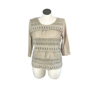 Kim Rogers Blouse Womens XL 3/4 Sleeves Beige Tan Macrame Embellishment Pullover